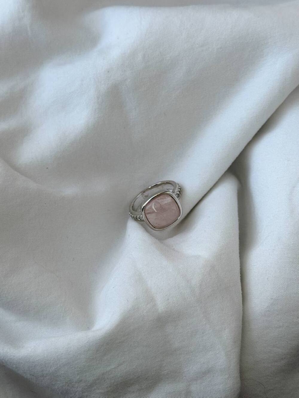 Square Pink Quartz Ring - Rhodium Plated - Ring Size 6.5